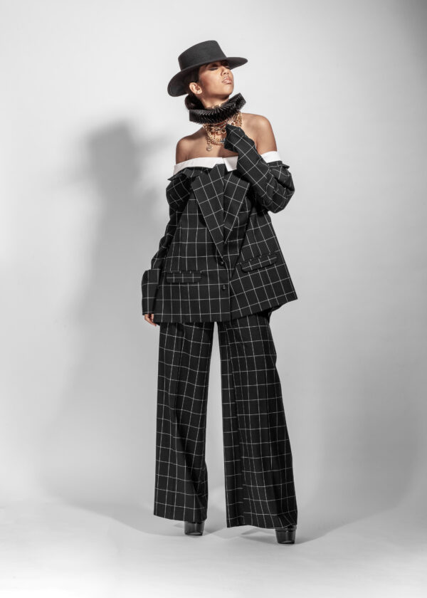 Off-Shoulder Plaid Jacket - Image 2