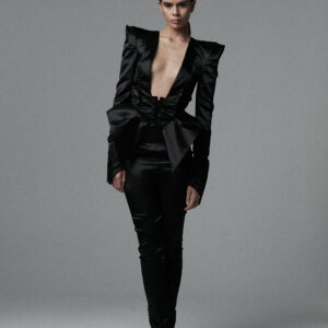 BLACK CHARMEUSE PLEATED JACKET